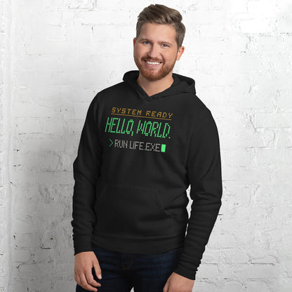 Hello World retro boot screen programmer hoodie — Black, on model