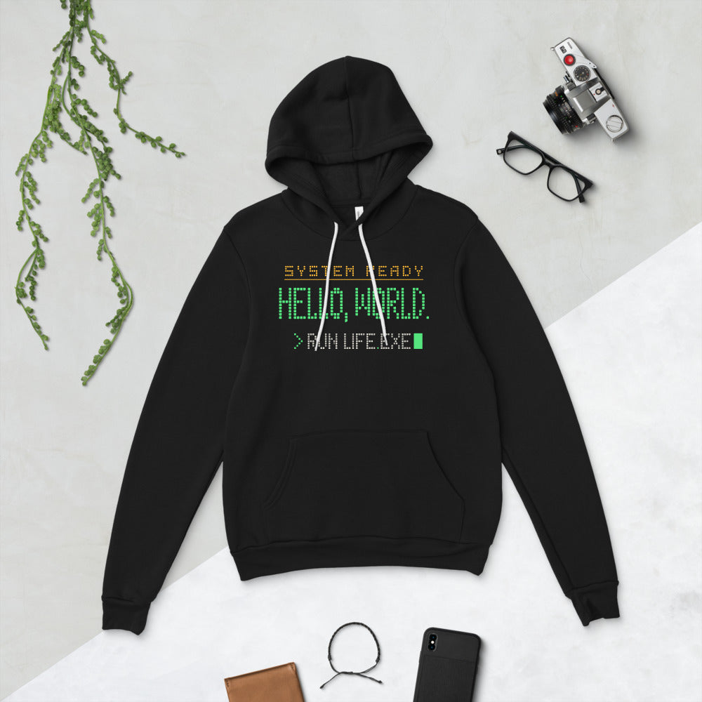 Hello World retro boot screen programmer hoodie — Black, flat lay