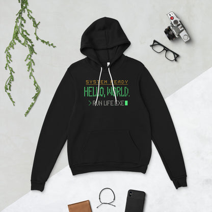 Hello World retro boot screen programmer hoodie — Black, flat lay