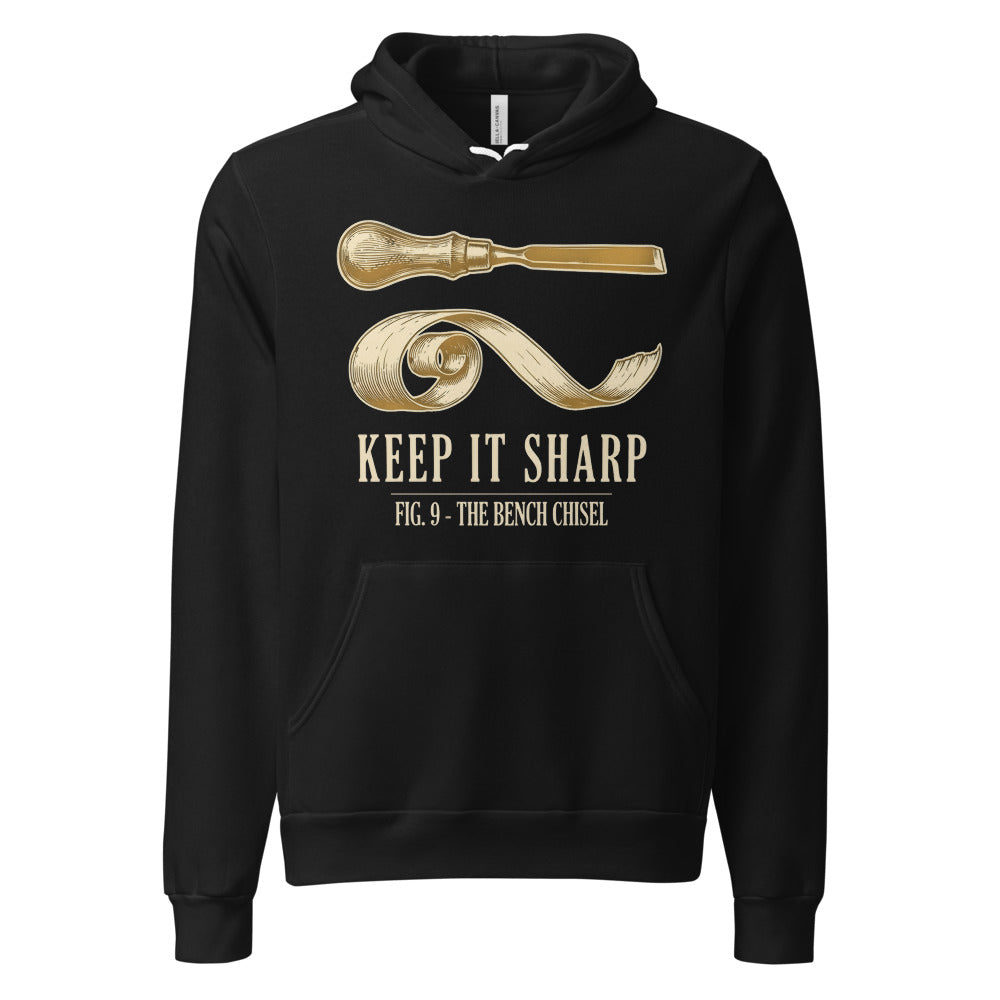 Keep It Sharp woodworking hoodie — Black, front