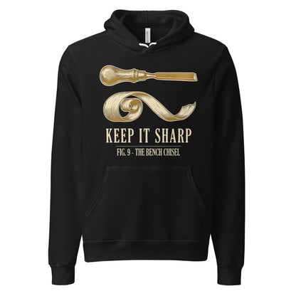Keep It Sharp woodworking hoodie — Black, front