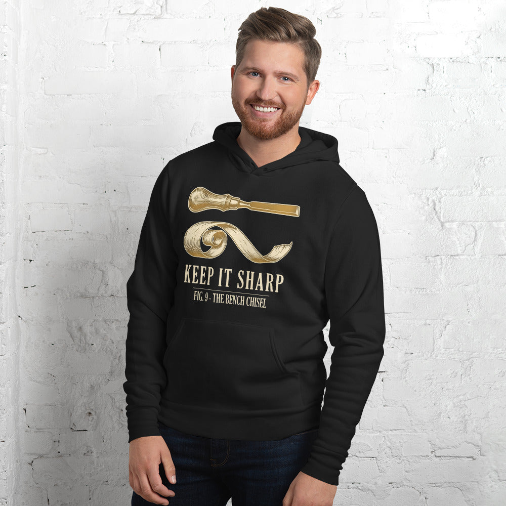 Keep It Sharp woodworking hoodie — Black, on model