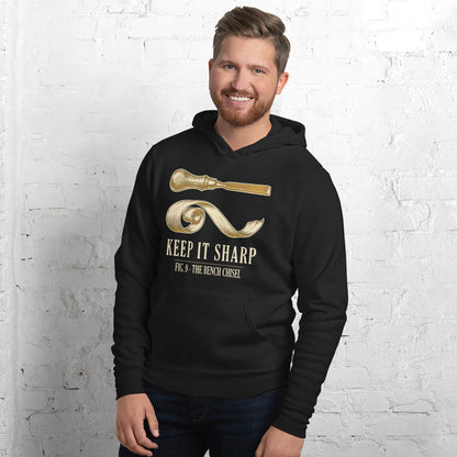 Keep It Sharp woodworking hoodie — Black, on model
