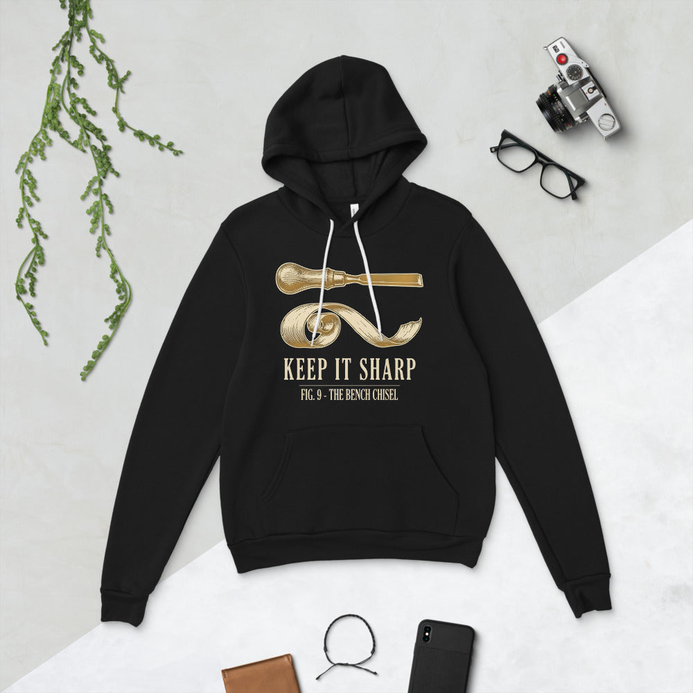 Keep It Sharp woodworking hoodie — Black, flat lay