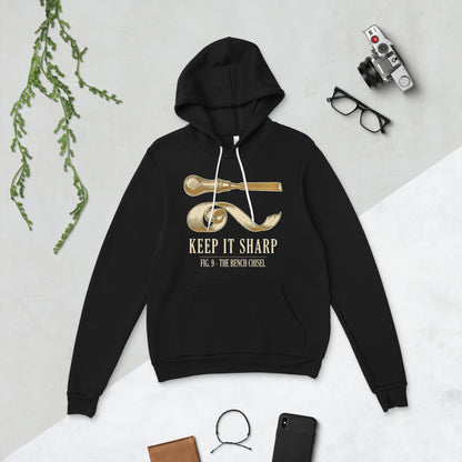 Keep It Sharp woodworking hoodie — Black, flat lay