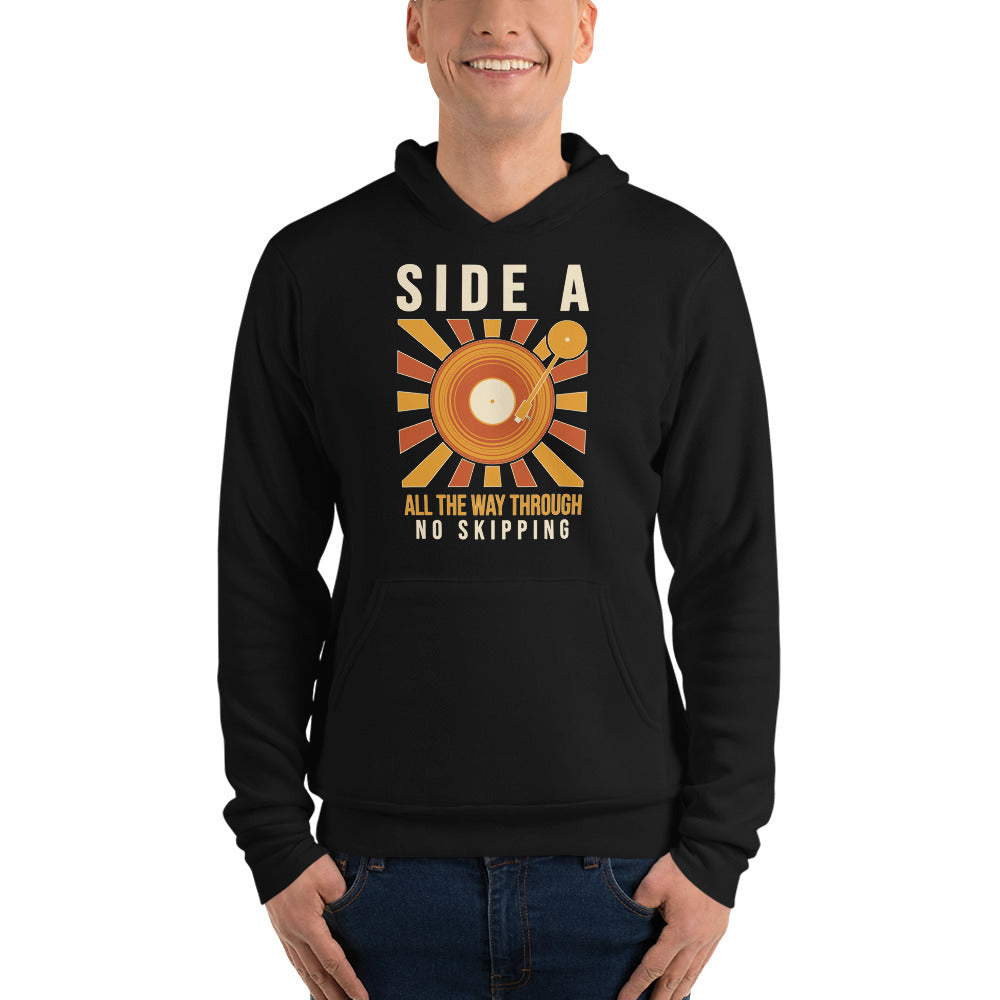 Side A No Skipping vinyl record hoodie — Black, on model