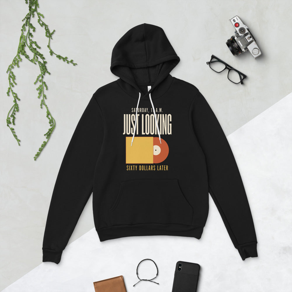 Just Looking Sixty Dollars Later vinyl record hoodie — Black, flat lay