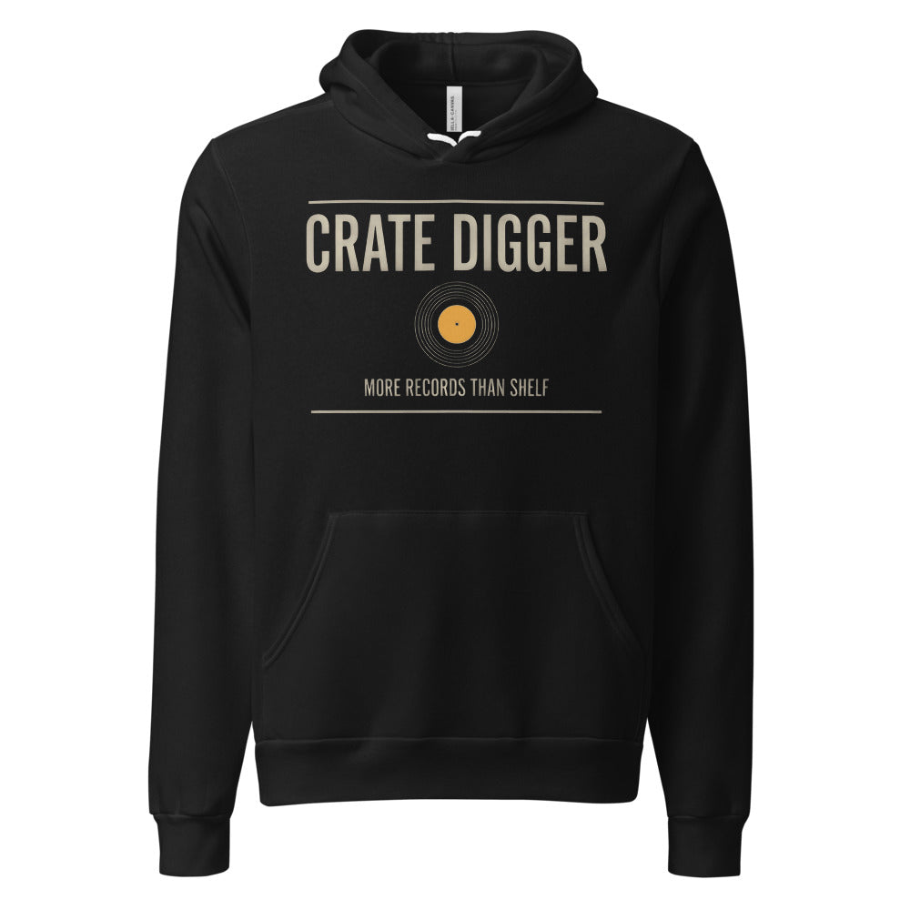 Crate Digger vinyl record hoodie — Black, front