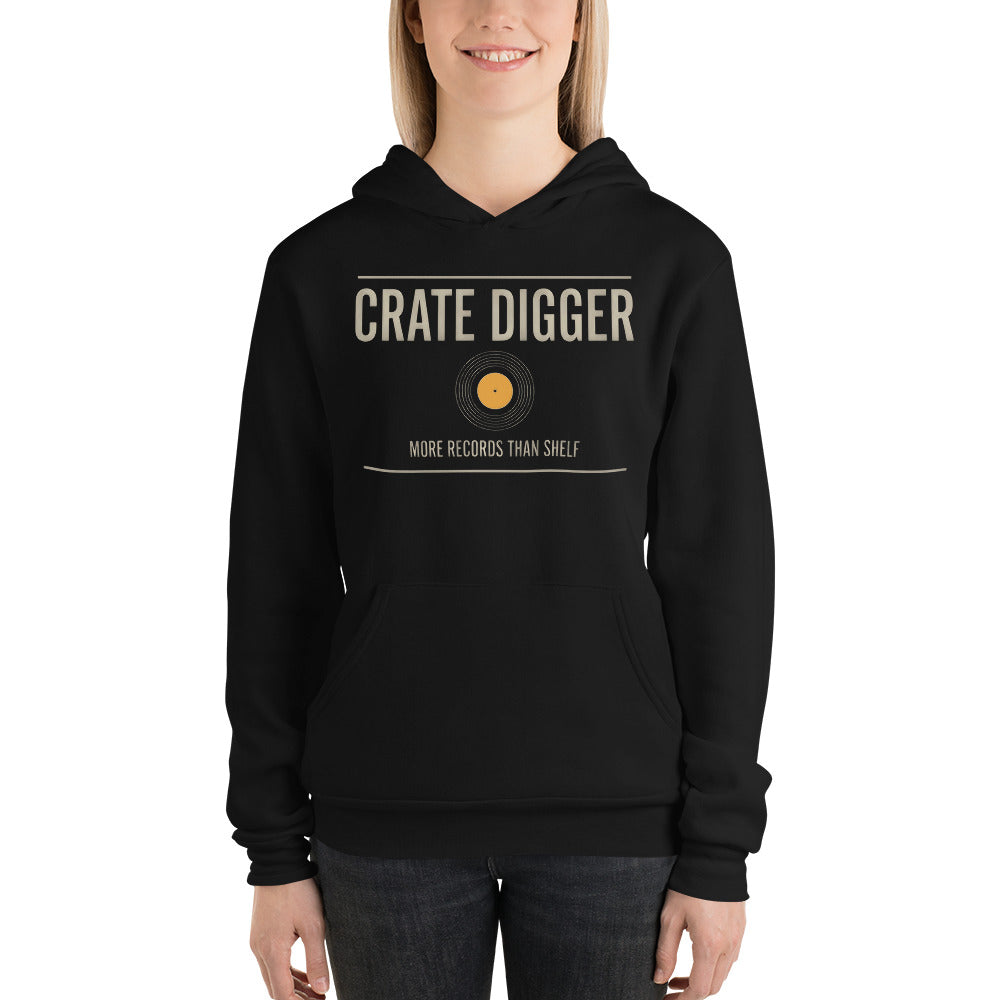 Crate Digger vinyl record hoodie — Black, on model
