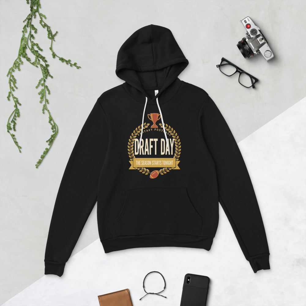 Draft Day Almanac vintage fantasy football draft hoodie — Black, flat lay