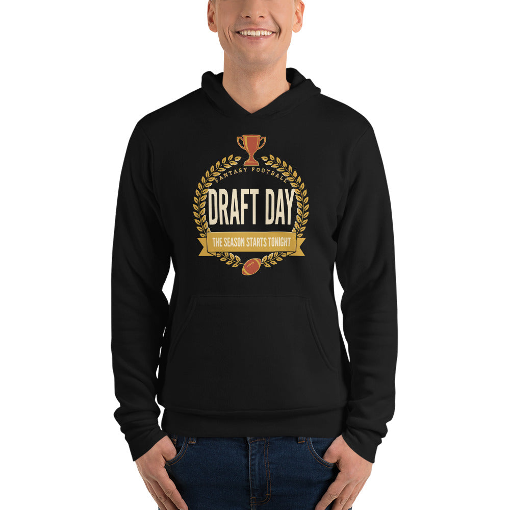 Draft Day Almanac vintage fantasy football draft hoodie — Black, on model