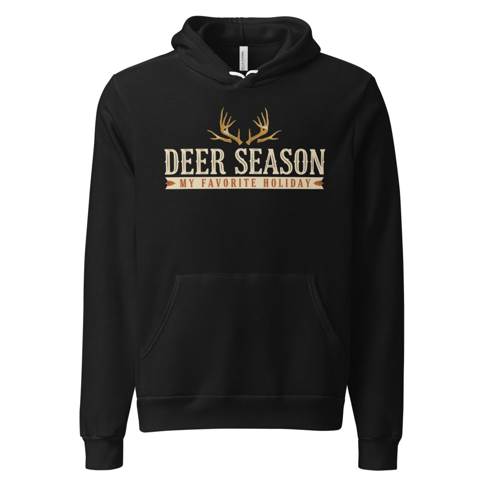 Deer Season My Favorite Holiday deer hunting hoodie — Black, front