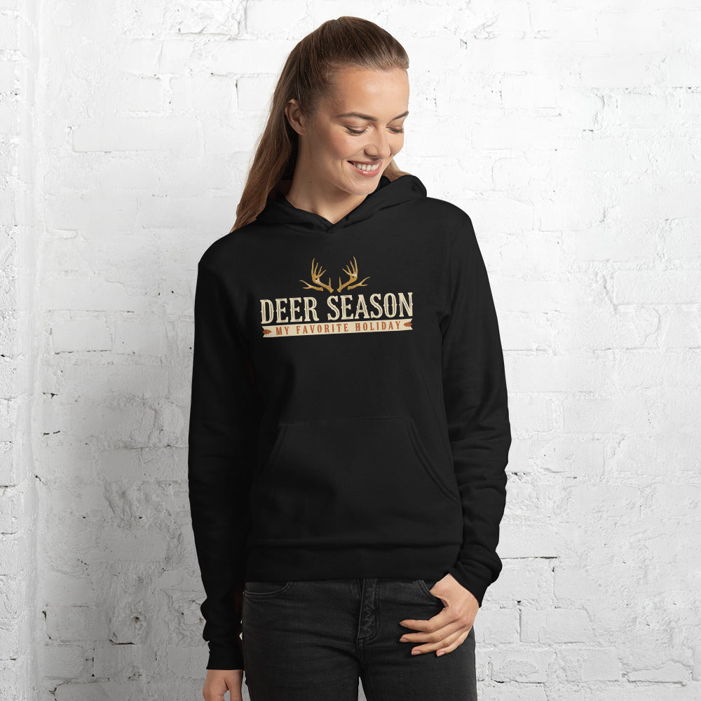 Deer Season My Favorite Holiday deer hunting hoodie — Black, on model