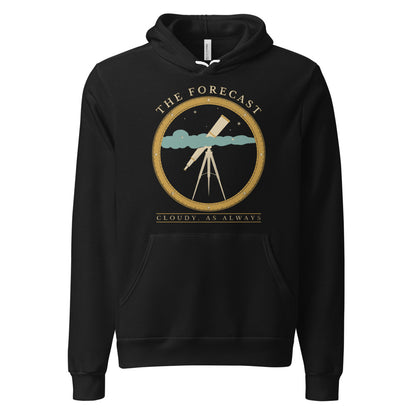 The Forecast Cloudy As Always funny astronomy hoodie — Black, front