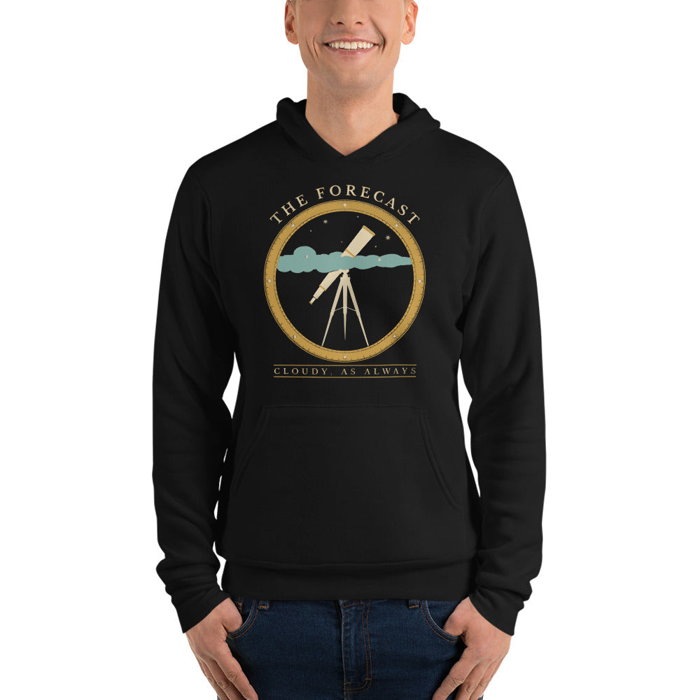 The Forecast Cloudy As Always funny astronomy hoodie — Black, on model
