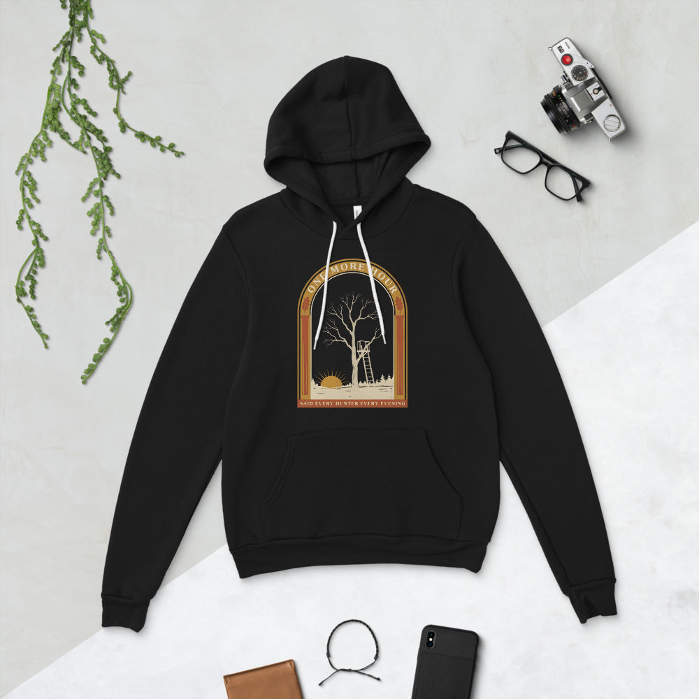 One More Hour funny deer hunting hoodie — Black, flat lay