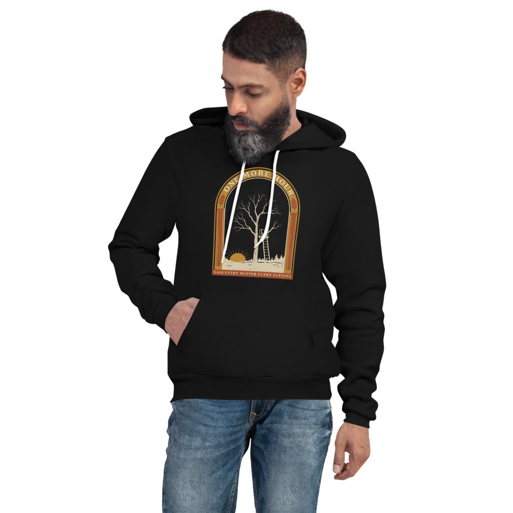 One More Hour funny deer hunting hoodie — Black, on model