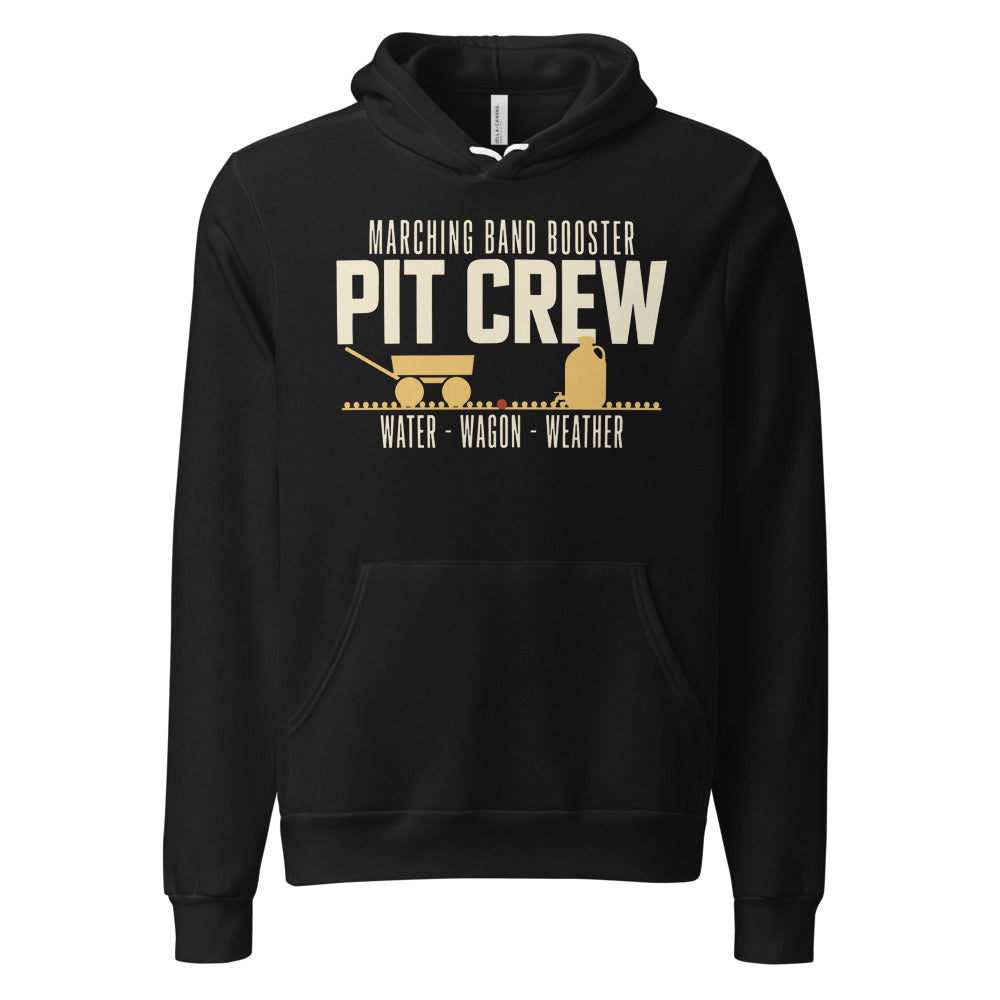 Pit Crew marching band booster hoodie — Black, front