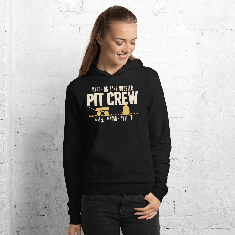 Pit Crew marching band booster hoodie — Black, on model