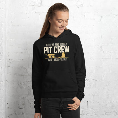 Pit Crew marching band booster hoodie — Black, on model