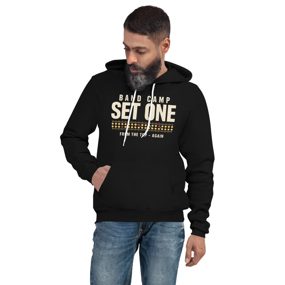Set One marching band drill chart hoodie — Black, on model