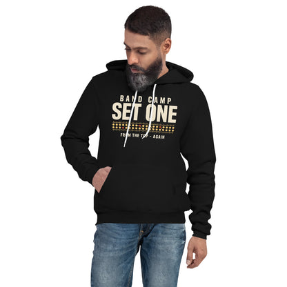 Set One marching band drill chart hoodie — Black, on model