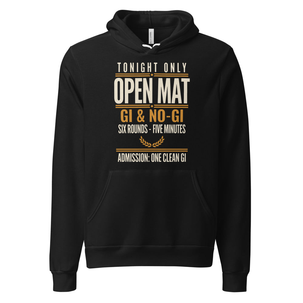 Open Mat Tonight Brazilian jiu jitsu hoodie — Black, front