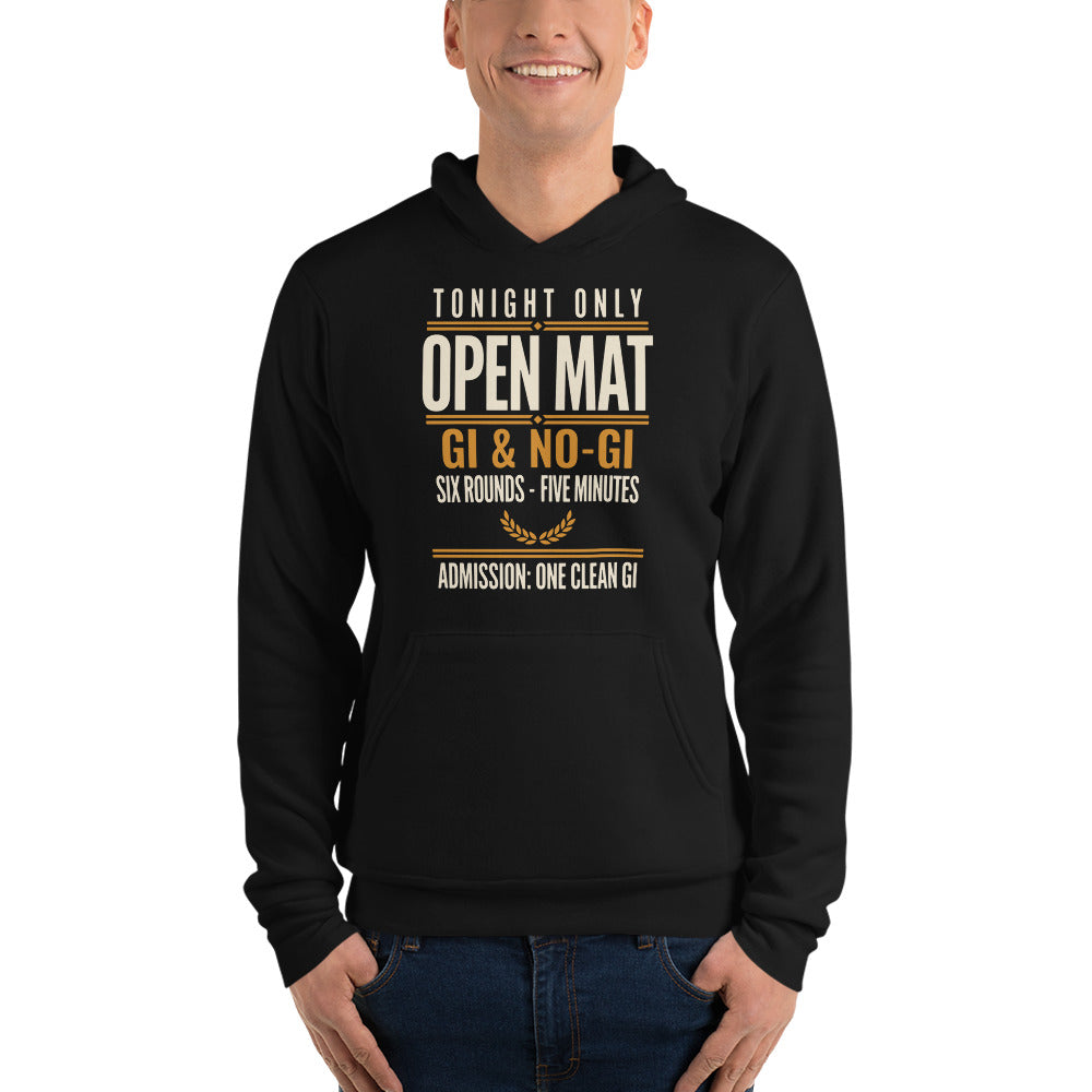 Open Mat Tonight Brazilian jiu jitsu hoodie — Black, on model
