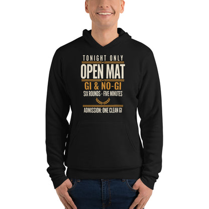 Open Mat Tonight Brazilian jiu jitsu hoodie — Black, on model