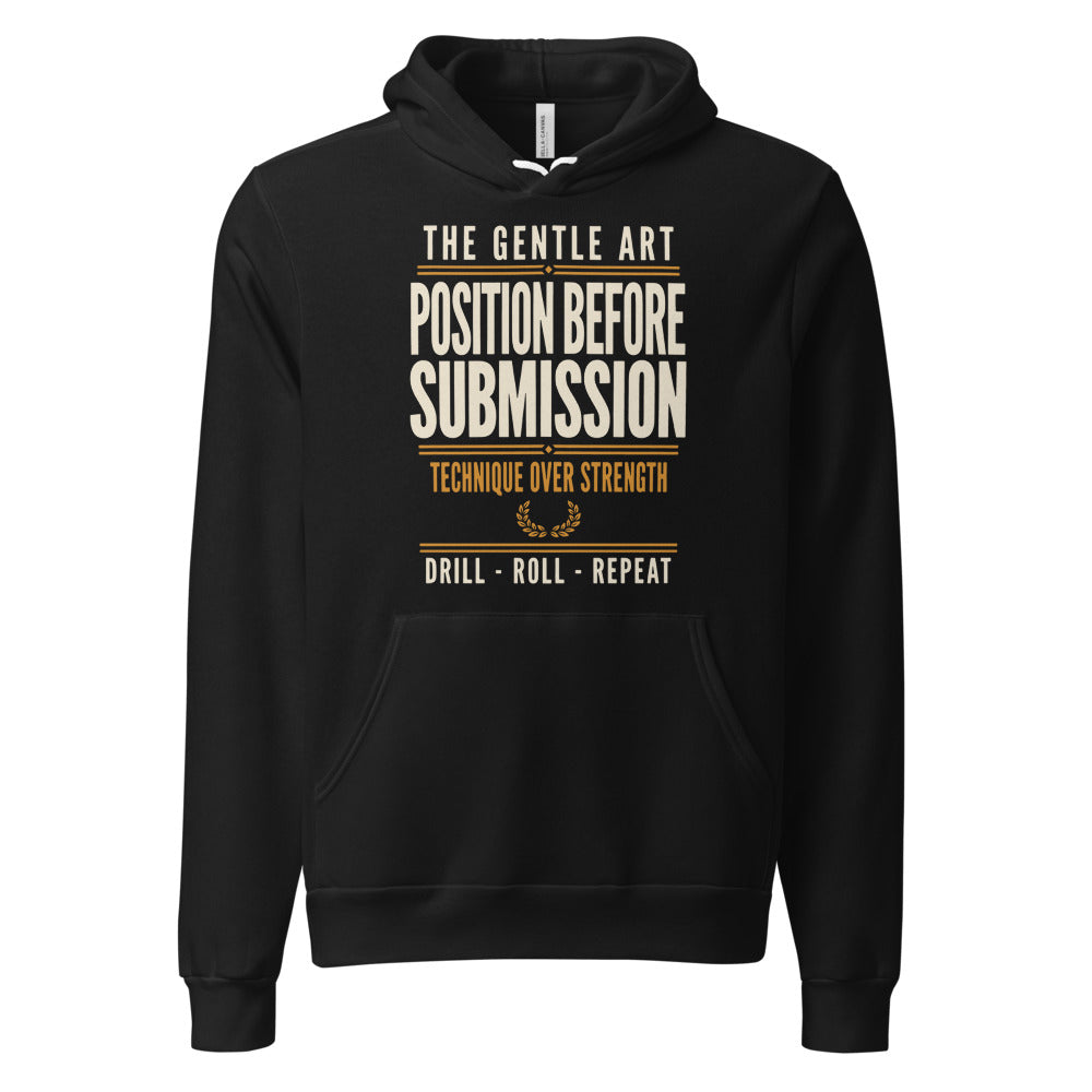 Position Before Submission Brazilian jiu jitsu hoodie — Black, front