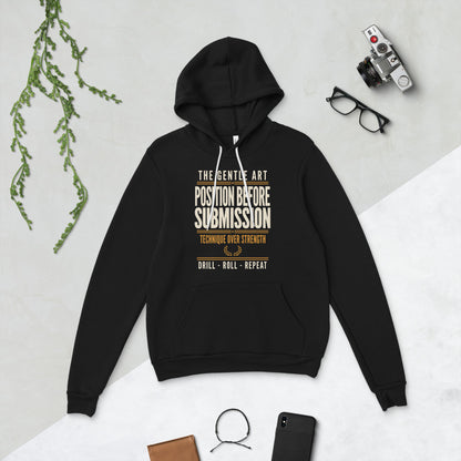 Position Before Submission Brazilian jiu jitsu hoodie — Black, flat lay