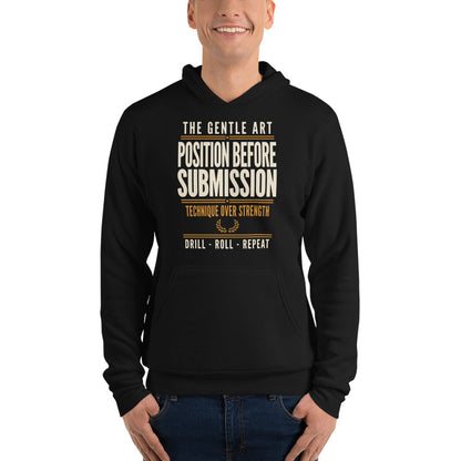 Position Before Submission Brazilian jiu jitsu hoodie — Black, on model