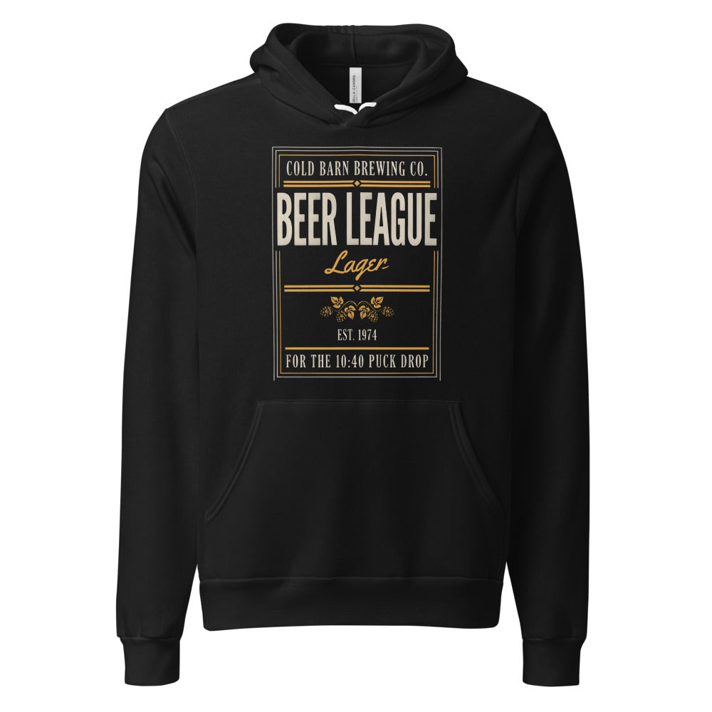 Beer League Cold Barn Brewing lager hoodie — Black, front