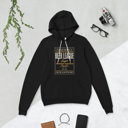 Beer League Cold Barn Brewing lager hoodie — Black, flat lay