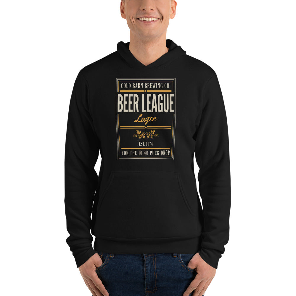 Beer League Cold Barn Brewing lager hoodie — Black, on model