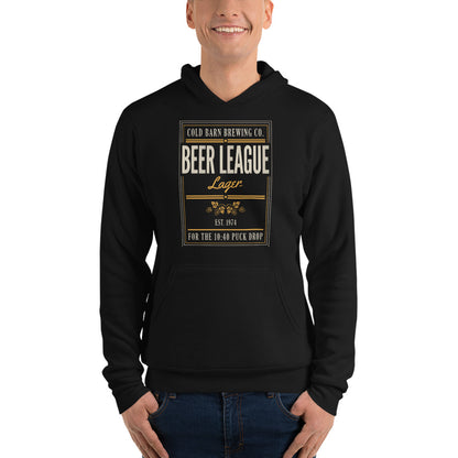 Beer League Cold Barn Brewing lager hoodie — Black, on model
