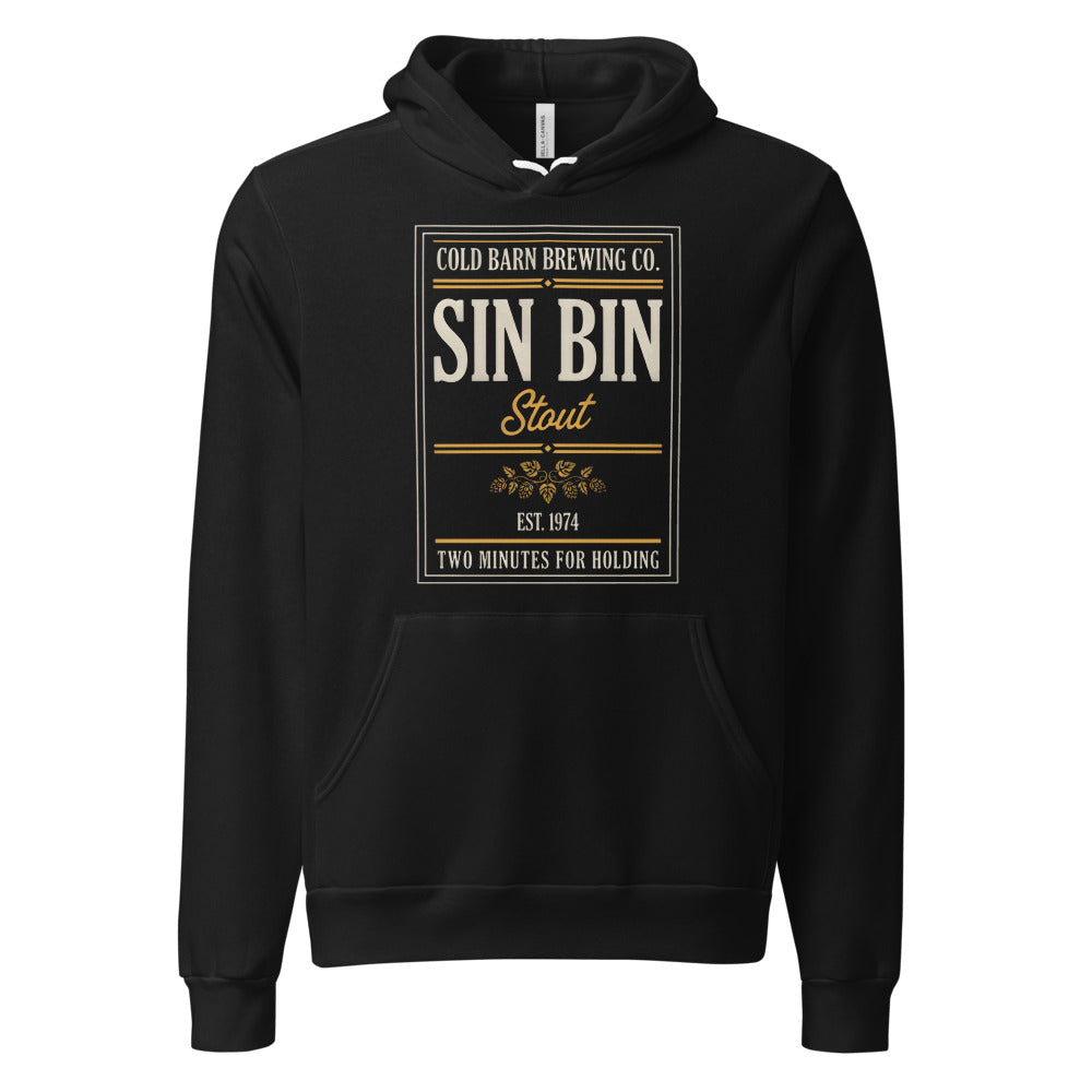 Beer League Sin Bin Stout brewery label hoodie — Black, front