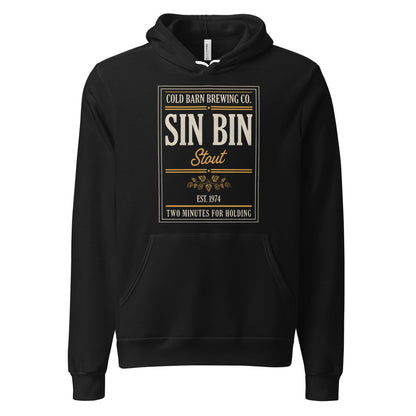 Beer League Sin Bin Stout brewery label hoodie — Black, front