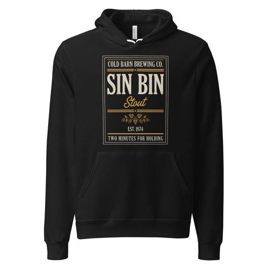 Beer League Sin Bin Stout brewery label hoodie — Black, front