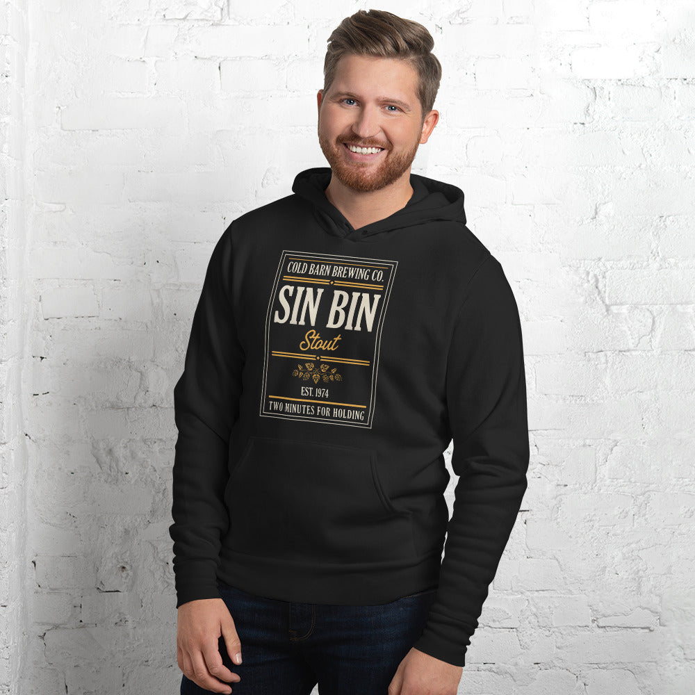 Beer League Sin Bin Stout brewery label hoodie — Black, on model