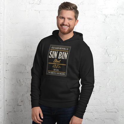 Beer League Sin Bin Stout brewery label hoodie — Black, on model