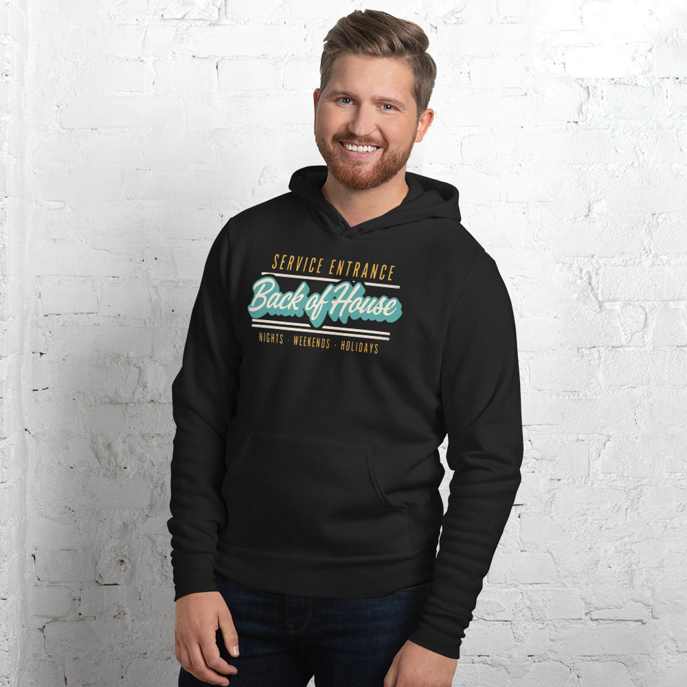 Line Cook Back of House retro diner service sign hoodie — Black, on model