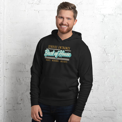 Line Cook Back of House retro diner service sign hoodie — Black, on model