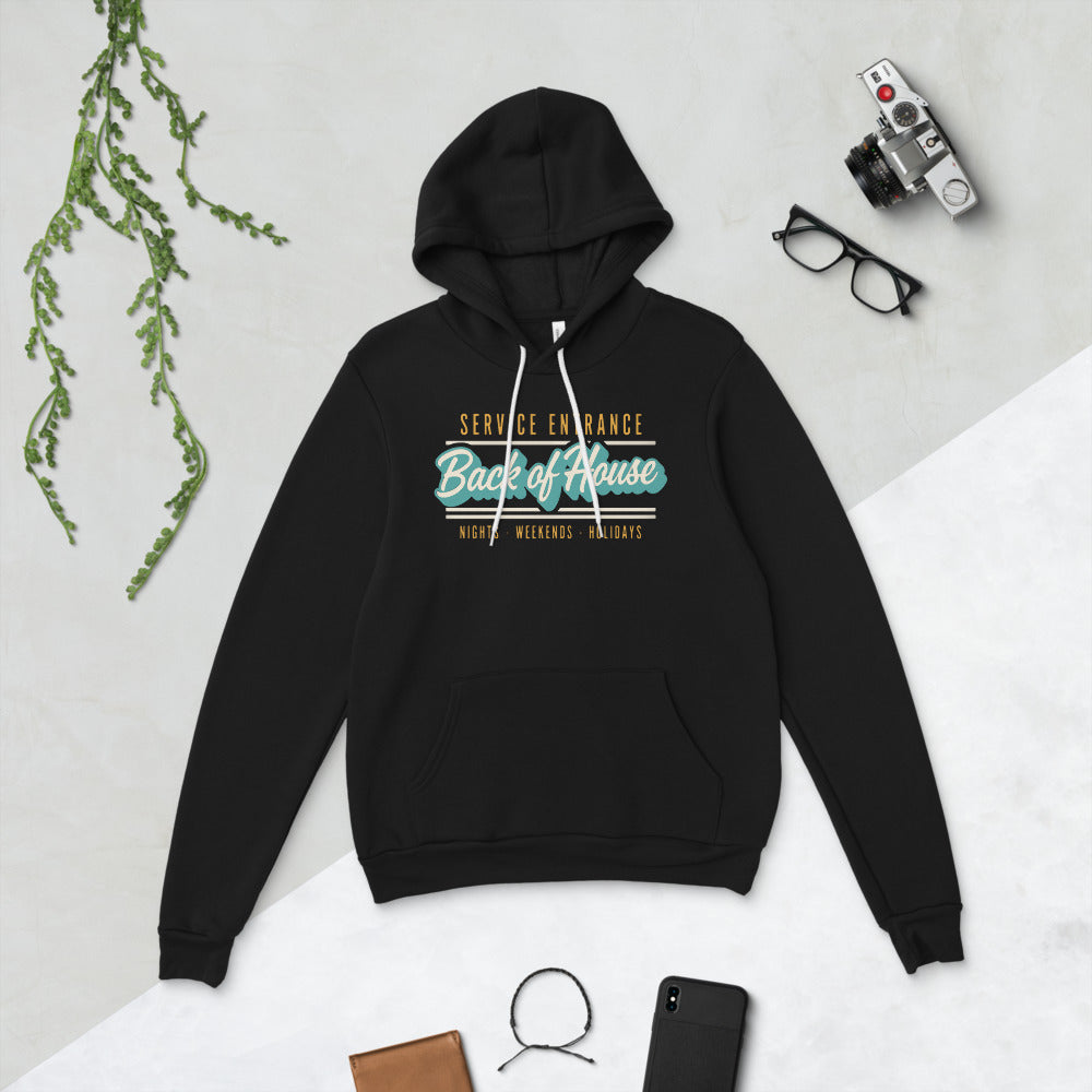 Line Cook Back of House retro diner service sign hoodie — Black, flat lay