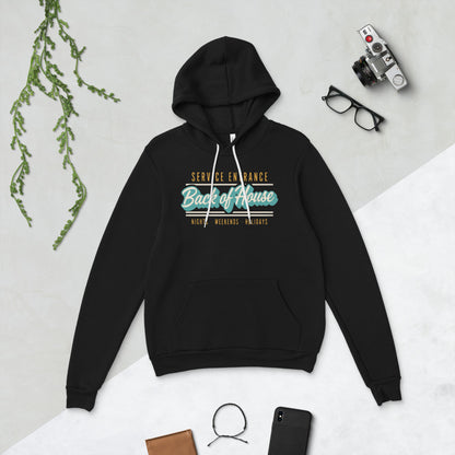 Line Cook Back of House retro diner service sign hoodie — Black, flat lay