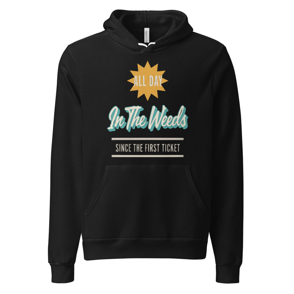 In The Weeds line cook retro diner service sign hoodie — Black, front