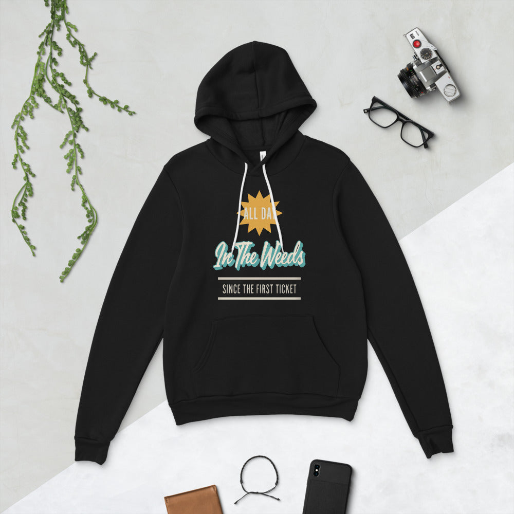 In The Weeds line cook retro diner service sign hoodie — Black, flat lay