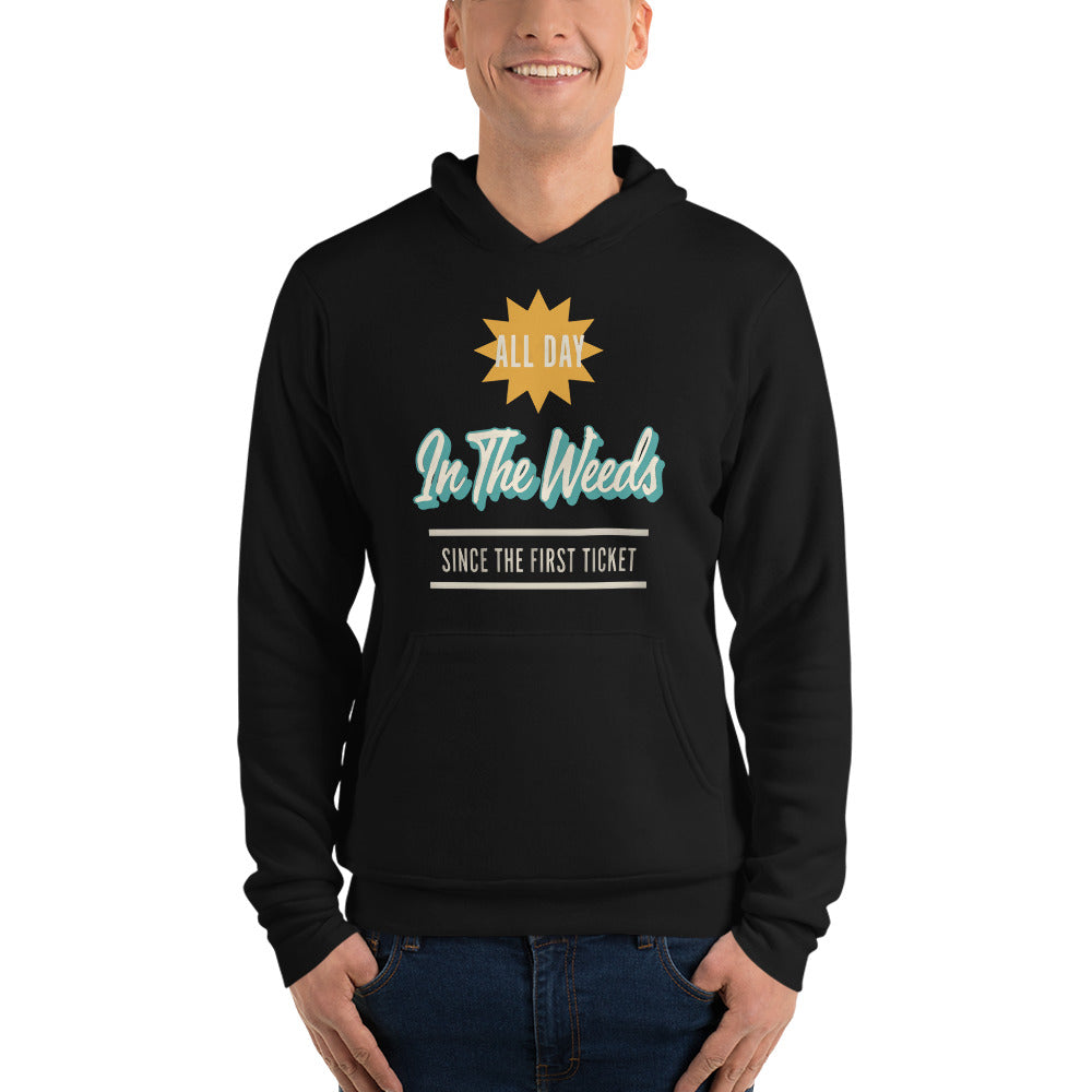 In The Weeds line cook retro diner service sign hoodie — Black, on model