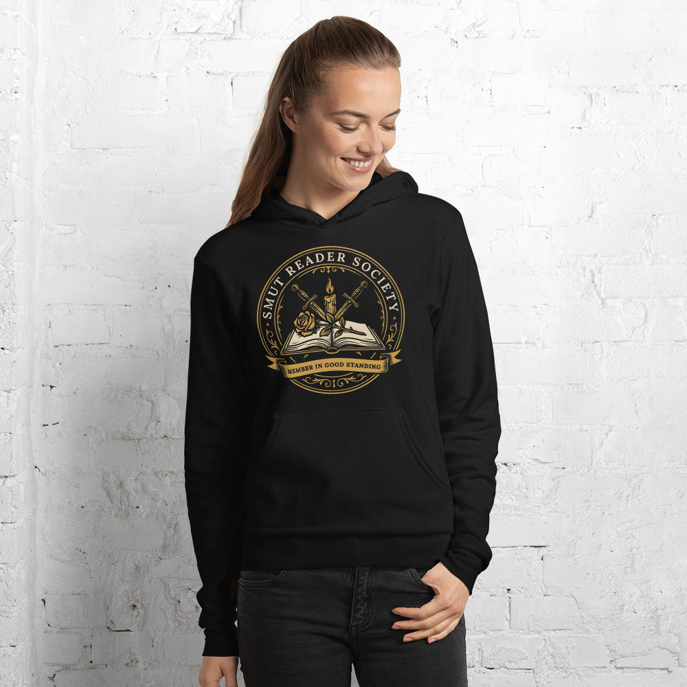 Smut Reader Society book lover dark academia hoodie — Black, on model