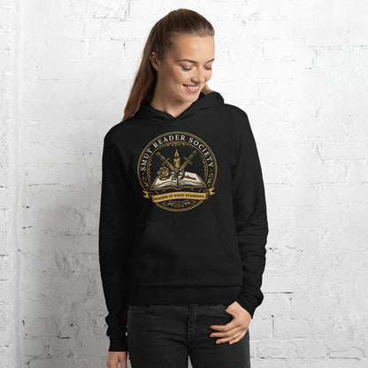 Smut Reader Society book lover dark academia hoodie — Black, on model